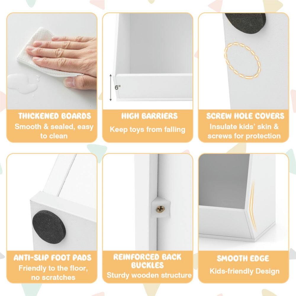 - THICKENED BOARDS
  - Smooth & sealed, easy to clean

- HIGH BARRIERS
  - Keep toys from falling

- SCREW HOLE COVERS
  - Insulate kids' skin & screws for protection

- ANTI-SLIP FOOT PADS
  - Friendly to the floor, no scratches

- REINFORCED BACK BUCKLES
  - Sturdy wooden structure

- SMOOTH EDGE
  - Kids-friendly Design
