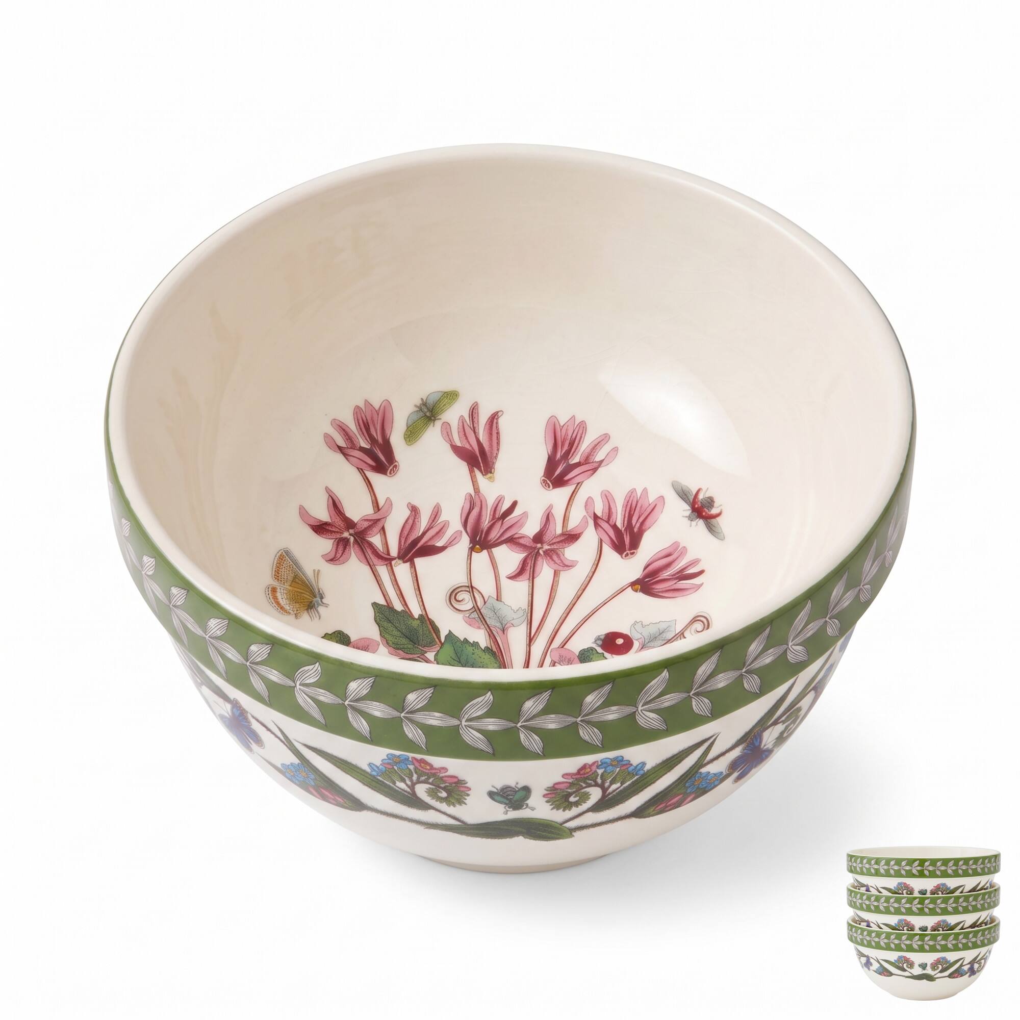 Front. Portmeirion - Portmeirion Botanic Garden Etchings 7" Stack Bowl, Cyclamen/Forget Me Not - Multicolored.