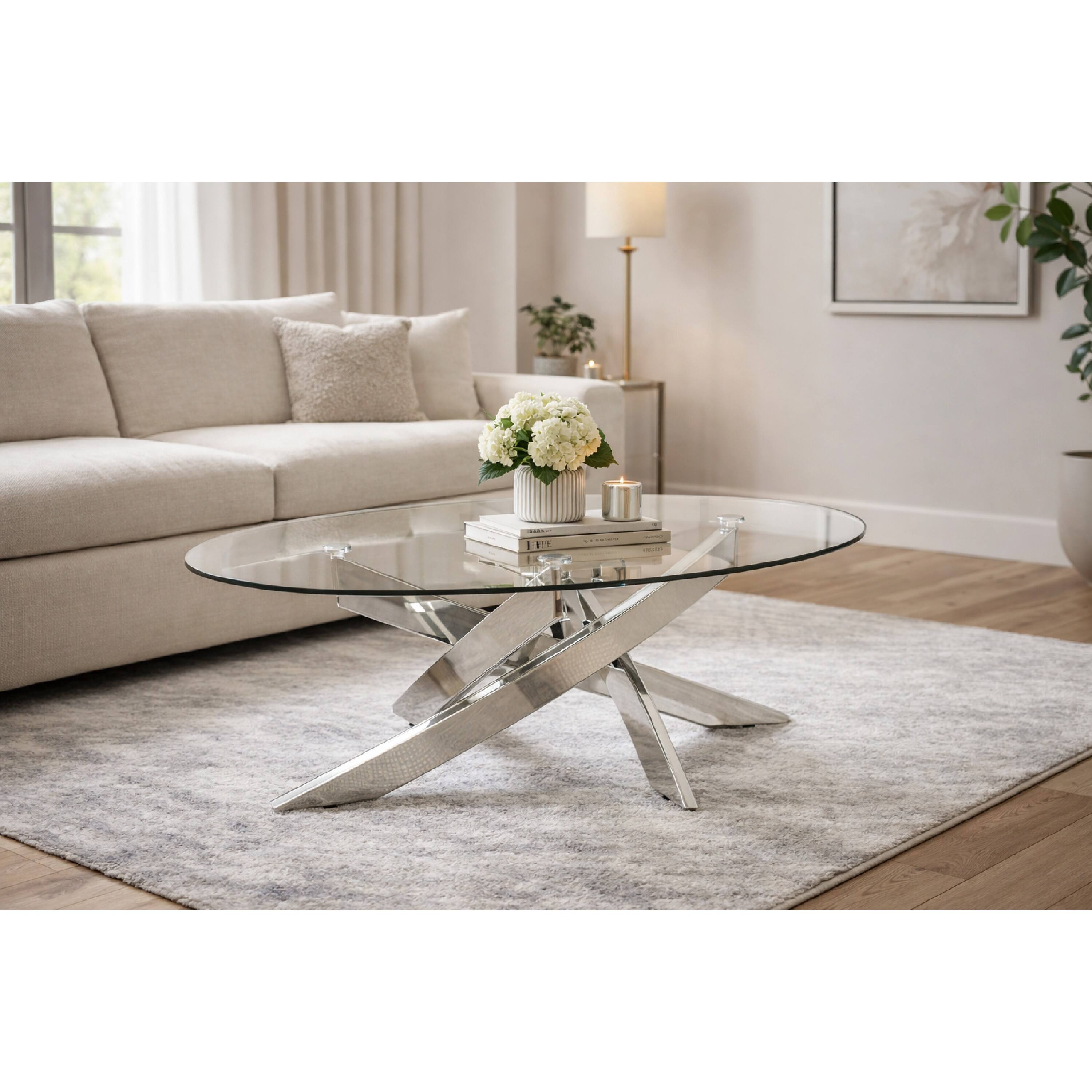 Alt View 7. Manhattan Lane - Oval Shape Glass Top Coffee Table with Criss Cross Base - Silver and Clear.