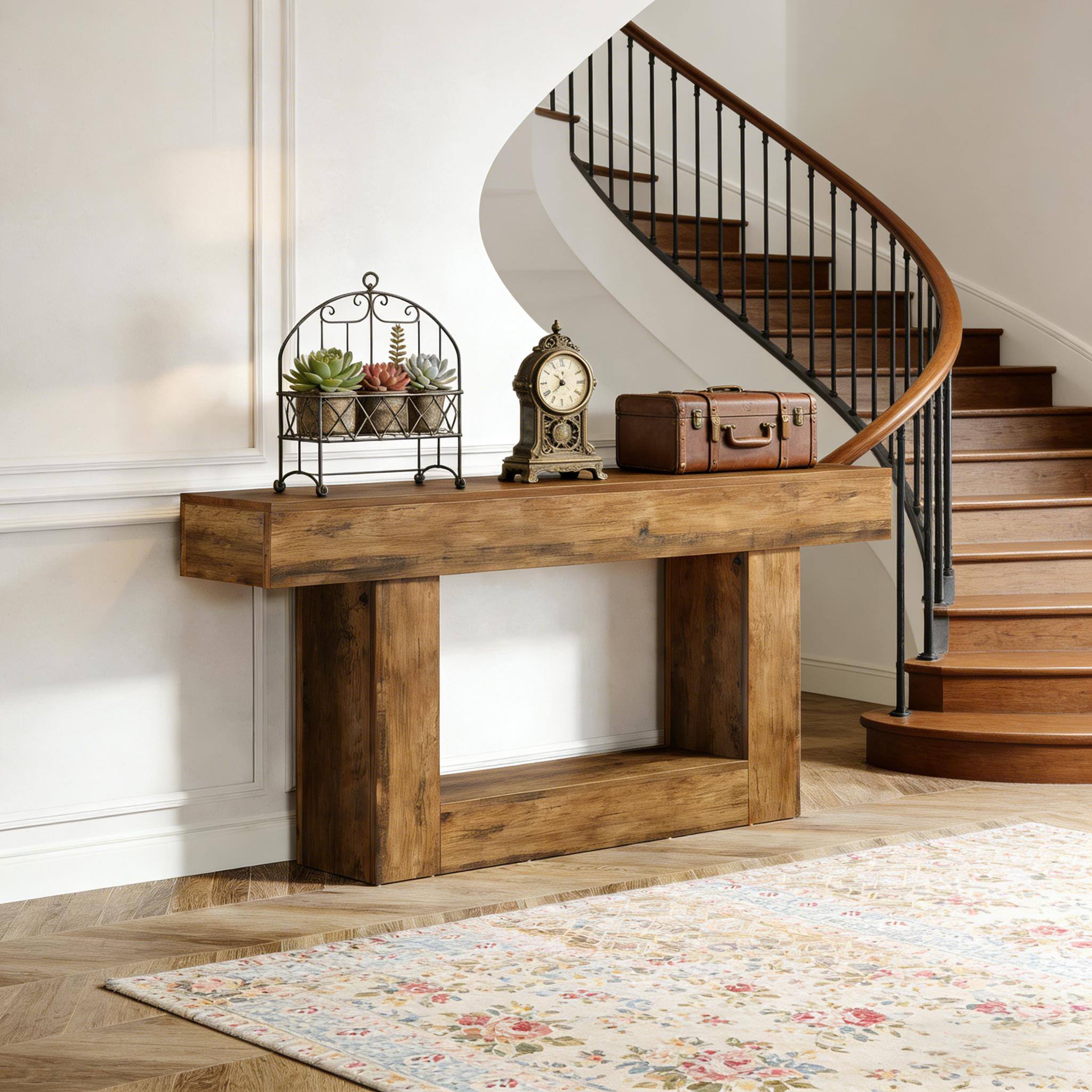 Front. PDTEND - Farmhouse Wooden Rustic Brown Rectangular Console Table for Living Room - Rustic Brown.