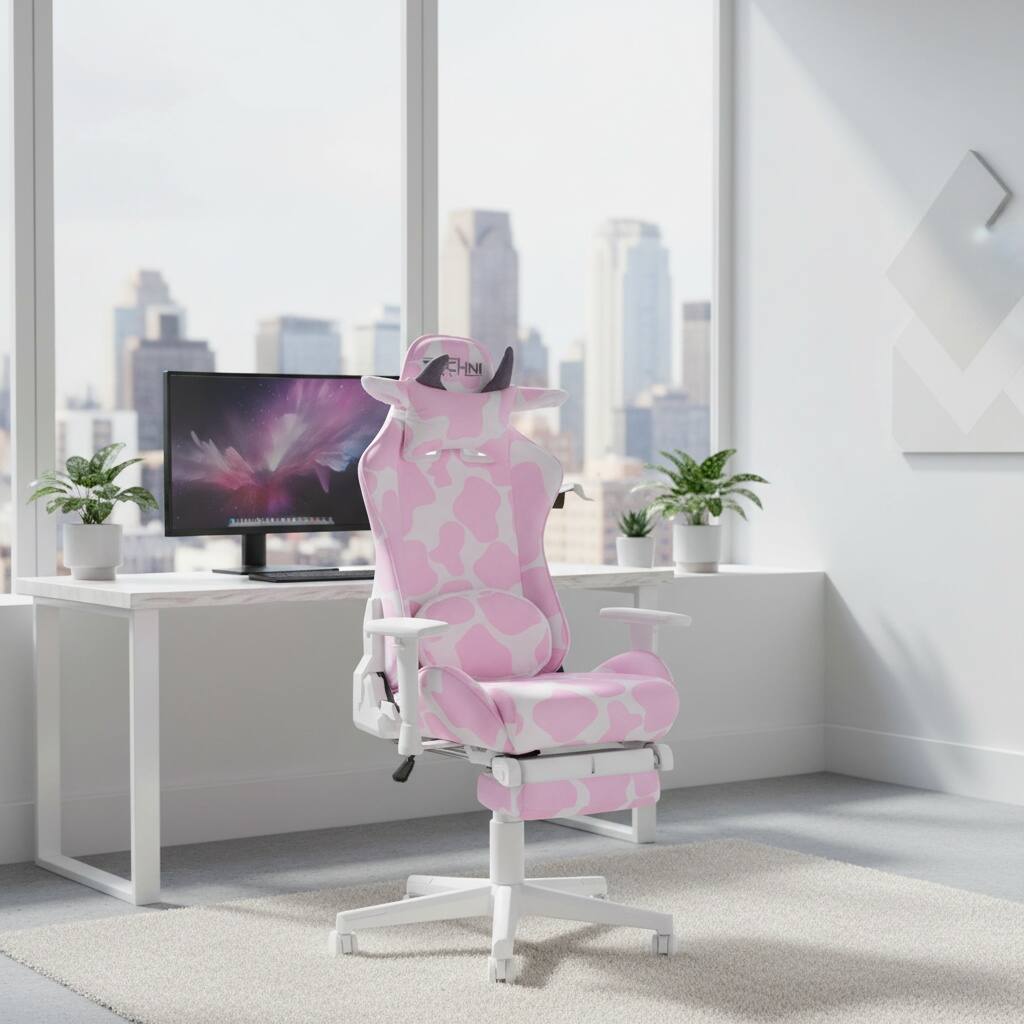 Left. Forest'nSky - Pink COW Series Gaming Chair with Footrest, Ergonomic Computer Chair with Headrest and Lumbar Support, Swivel Desk Chair - Pink.