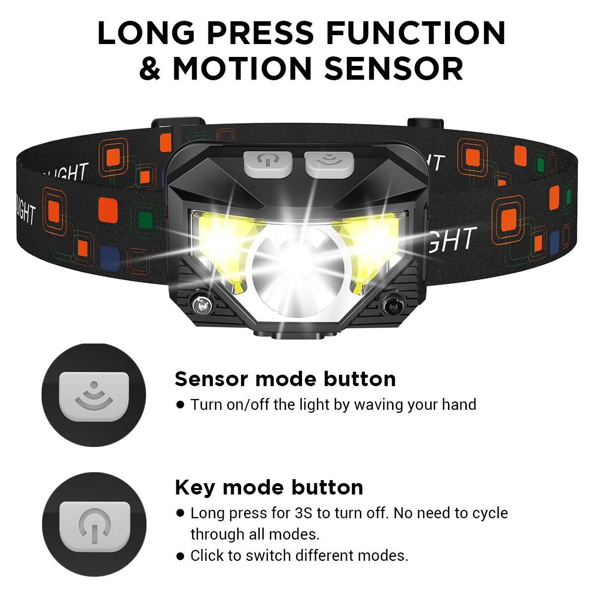 LONG PRESS FUNCTION & MOTION SENSOR

Sensor mode button
- Turn on/off the light by waving your hand

Key mode button
- Long press for 3S to turn off. No need to cycle through all modes.
- Click to switch different modes.