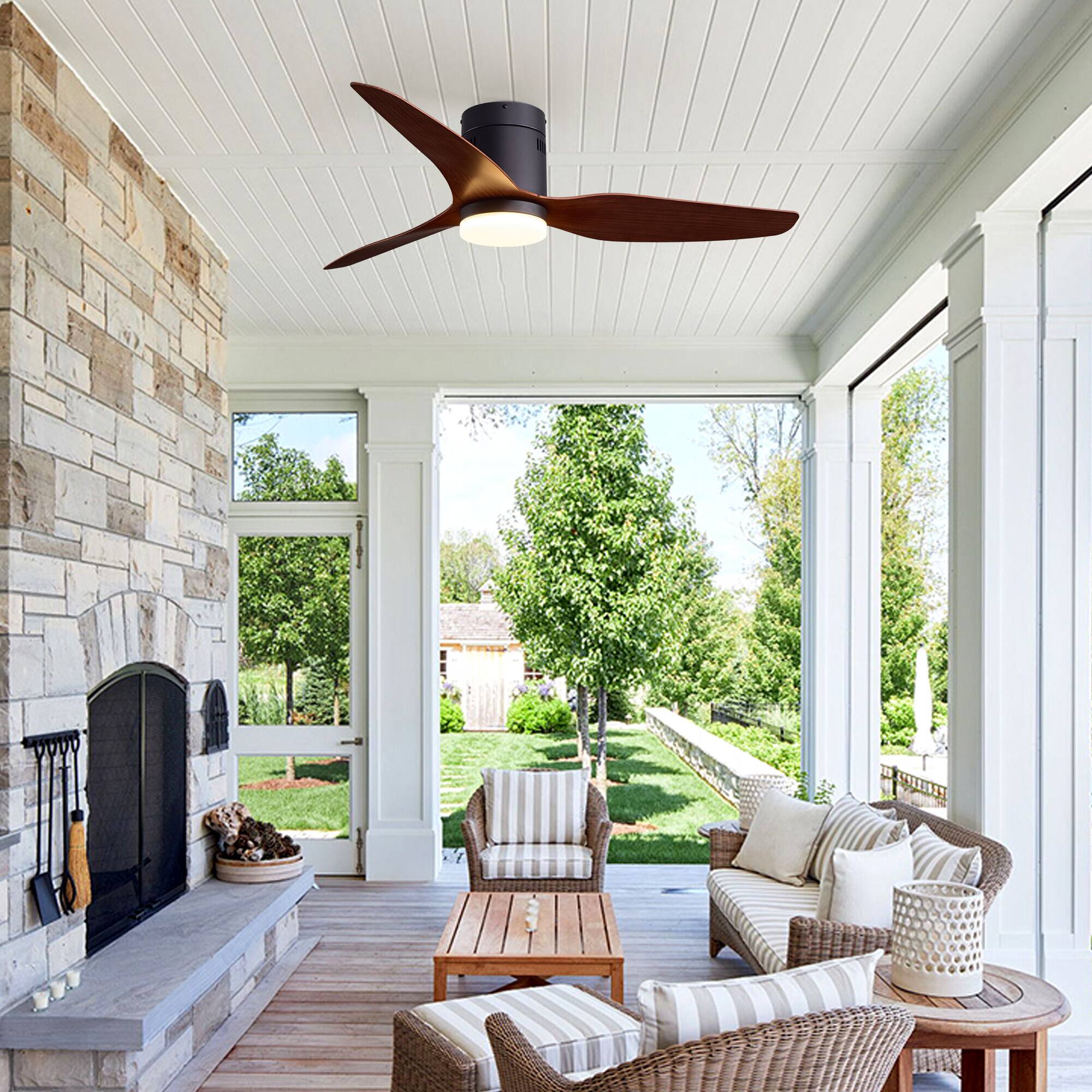 Alt View 3. Siljoy - 52 Inch Low Profile Flush Mount Ceiling Fan LED Light Black Walnut 3 Wood Blades Remote for Bedroom Living Room - Brown.