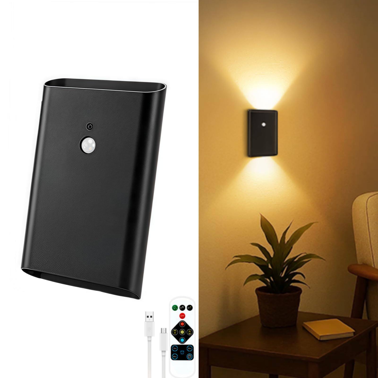 HM 1810 - Battery operated Motion Sensor Wall Light mah Rechargeable Sconce Set Of SensoCloset Light Magnetic Stair L - Black 1 Pack