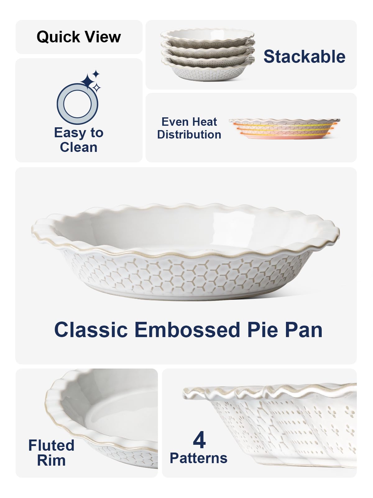 - Quick View
- Stackable
- Easy to Clean
- Even Heat Distribution
- Classic Embossed Pie Pan
- Fluted Rim
- 4 Patterns