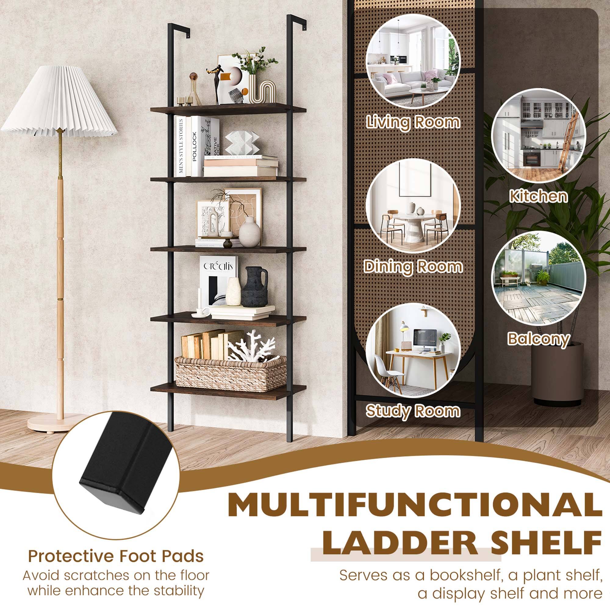 The text on the image has been grouped and corrected as follows:

"Multifunctional Ladder Shelf: Protective Foot Pads - Avoid scratches on the floor. Serves as a bookshelf, a plant shelf, a display shelf, and more."
