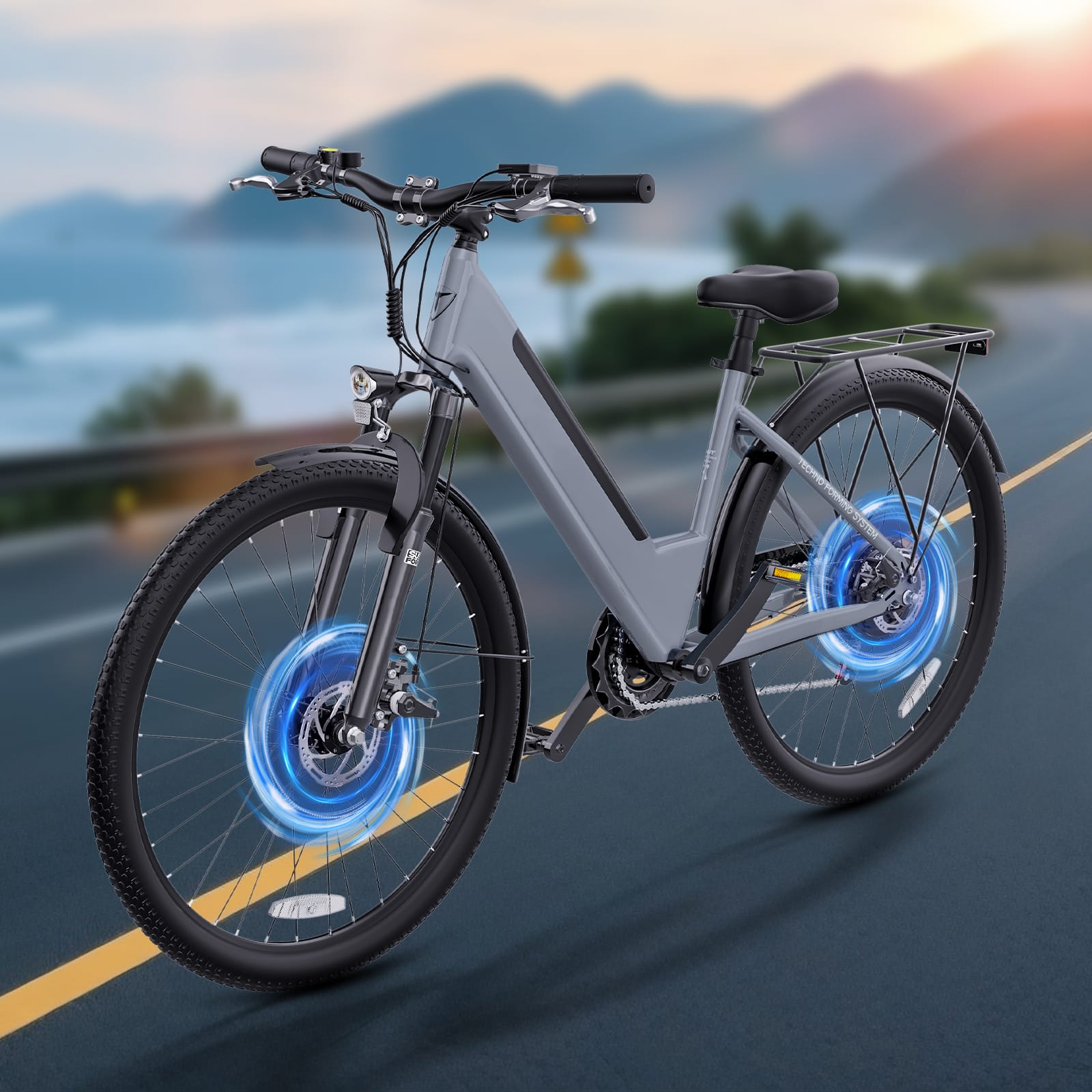 QNUT - USA 26" Commuter Electric Bike, Vintage Moped-Style E-Bike with Headlight & Rear Reflector - Gray