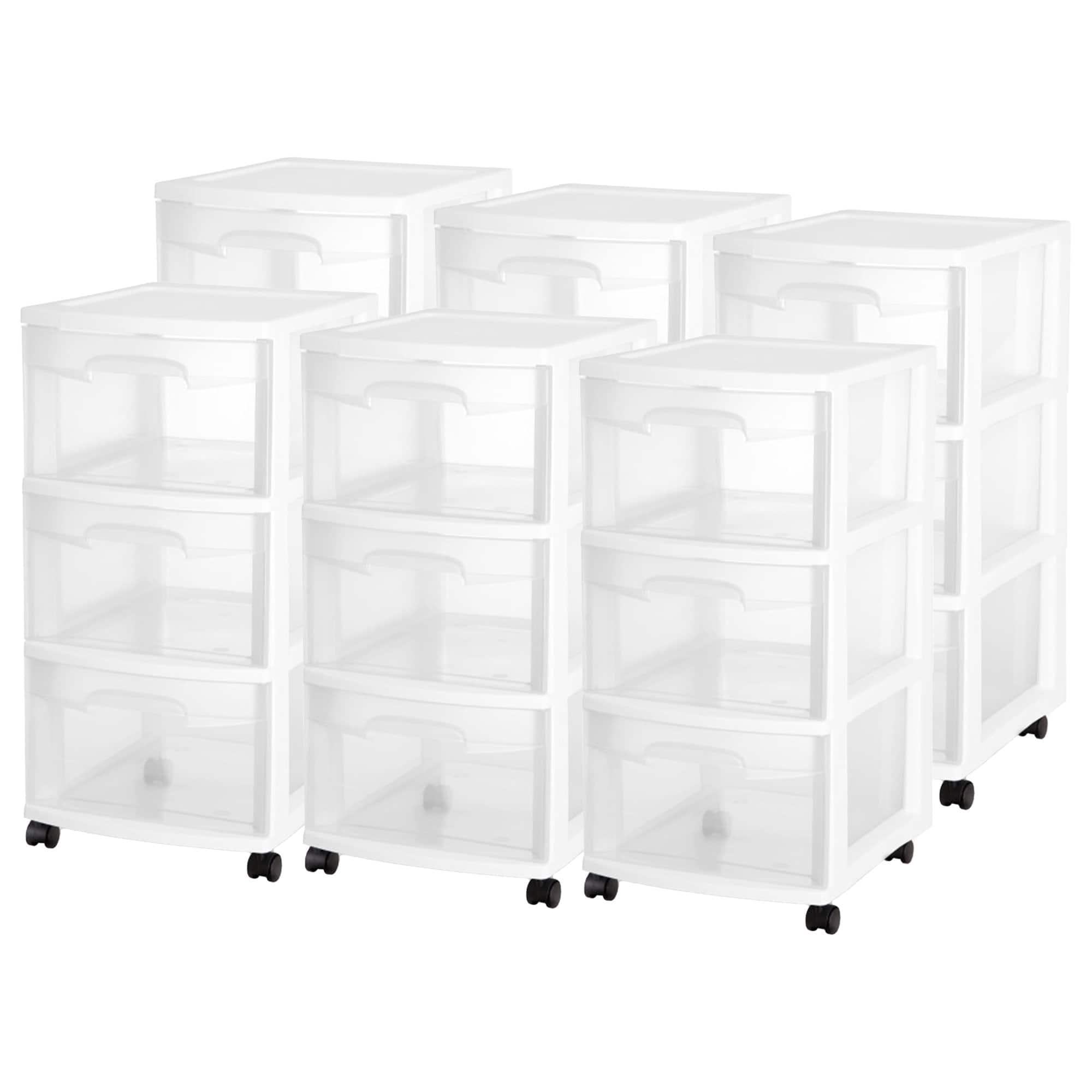 Sterilite - 3 Drawer Storage Cart, Plastic Rolling Organizer with Wheels, 6 Pack - White