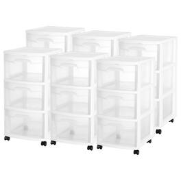 Sterilite - 3 Drawer Storage Cart, Plastic Rolling Organizer with Wheels, 6 Pack - White