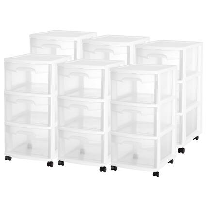 Front. Sterilite - Sterilite 3 Drawer Storage Cart, Plastic Rolling Organizer with Wheels, 6 Pack - White.