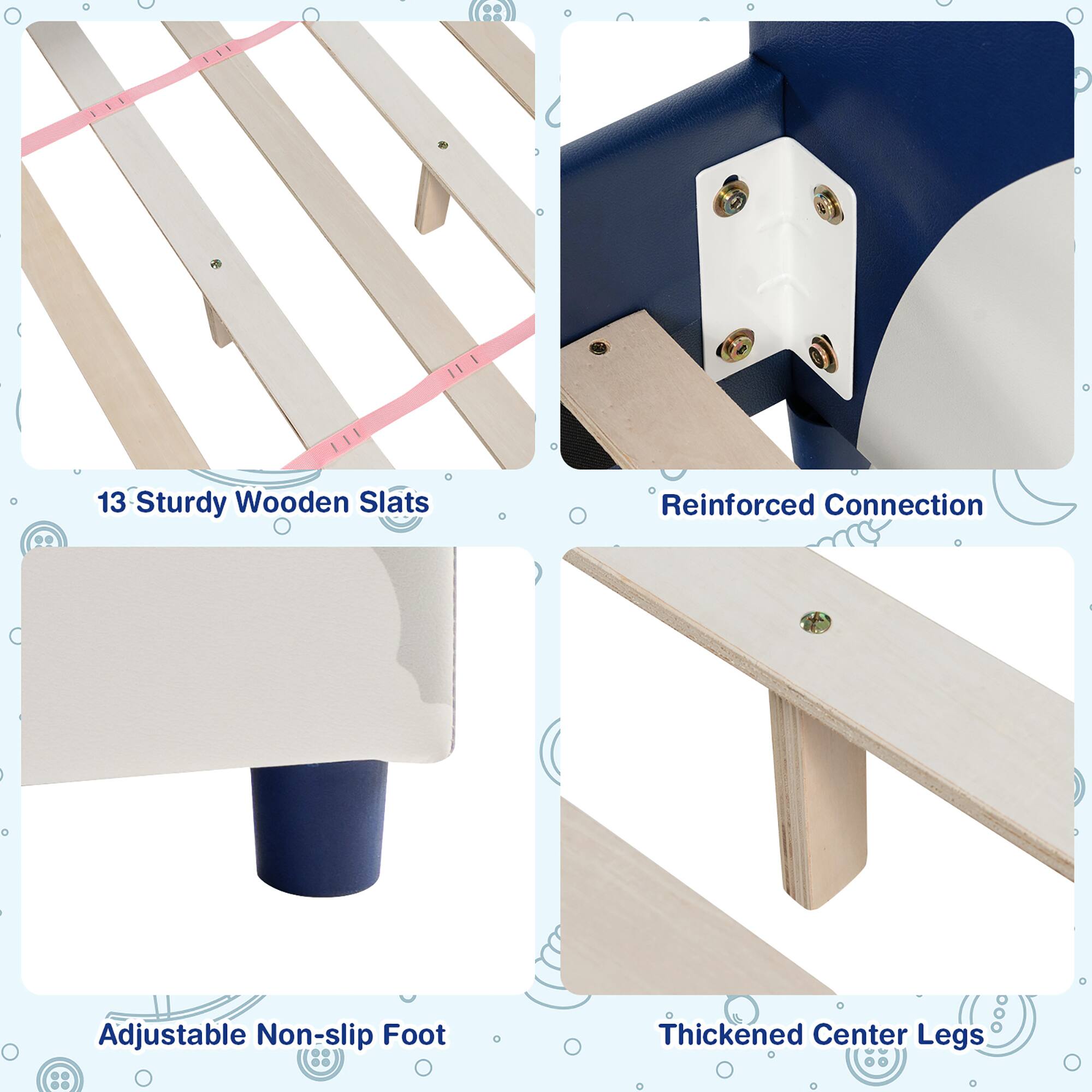 13 Sturdy Wooden Slats  
Reinforced Connection  
Adjustable Non-slip Foot  
Thickened Center Legs