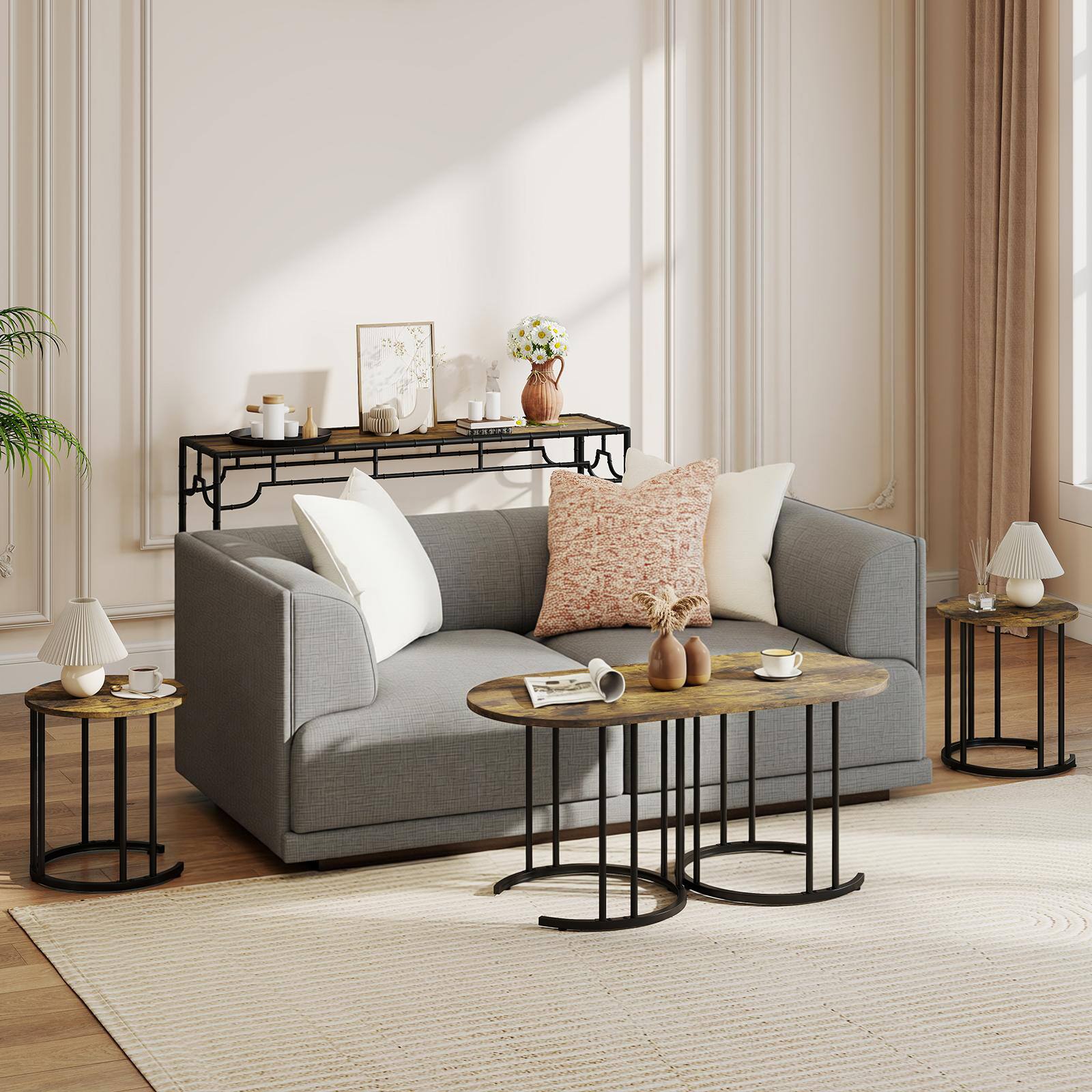 Alt View 3. Costway - Costway 3-Piece Nesting Coffee Table Set, 43" Coffee Table with 2 Side Tables for Apartment - Rustic Brown & Black.