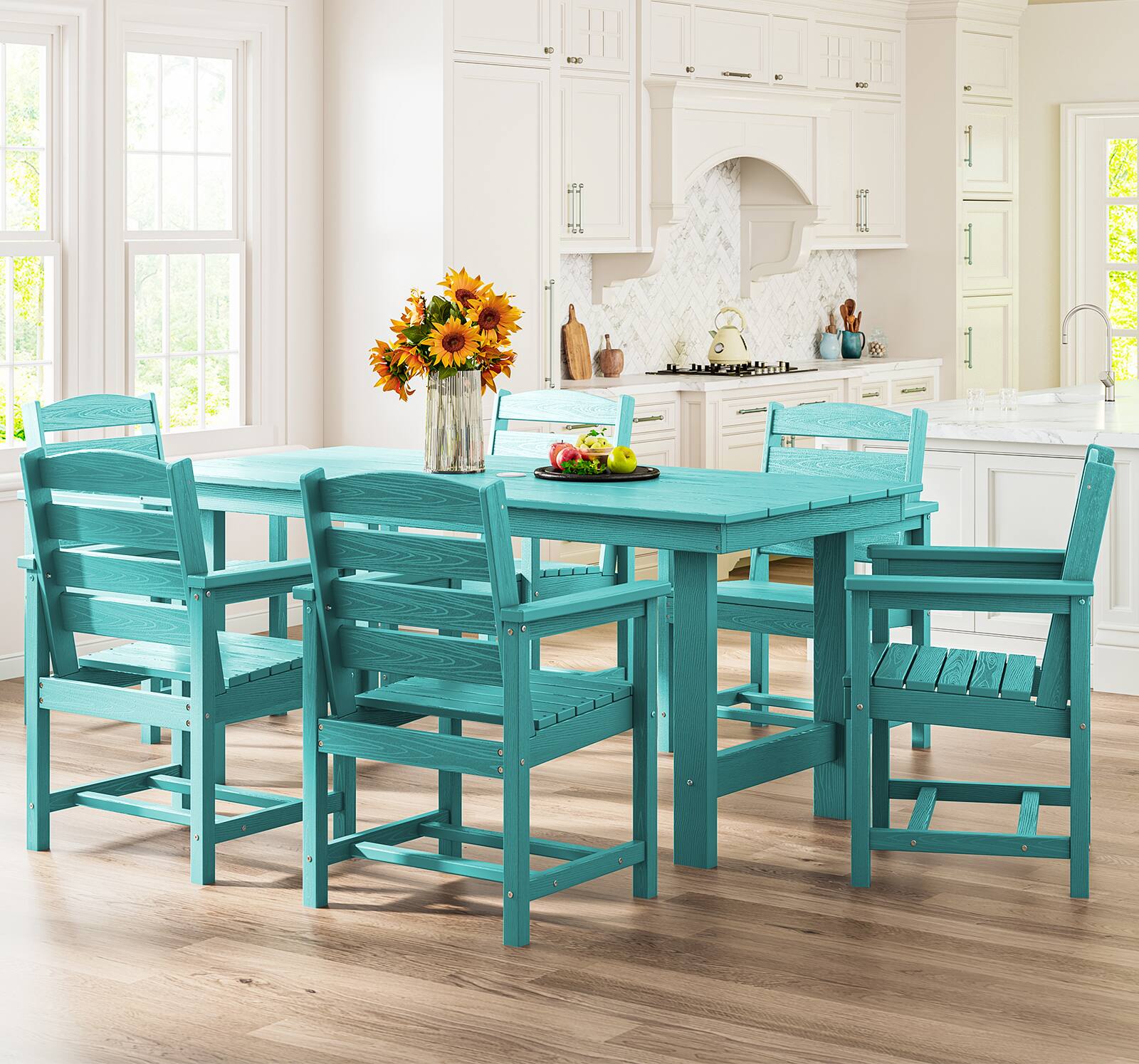 Alt View 5. SERWALL - 7 Pcs Outdoor Dining Set, Outdoor Dining Furniture with Rectangular Table & 6 Chairs, All-Weather Resistant Dining Set - Aruba.
