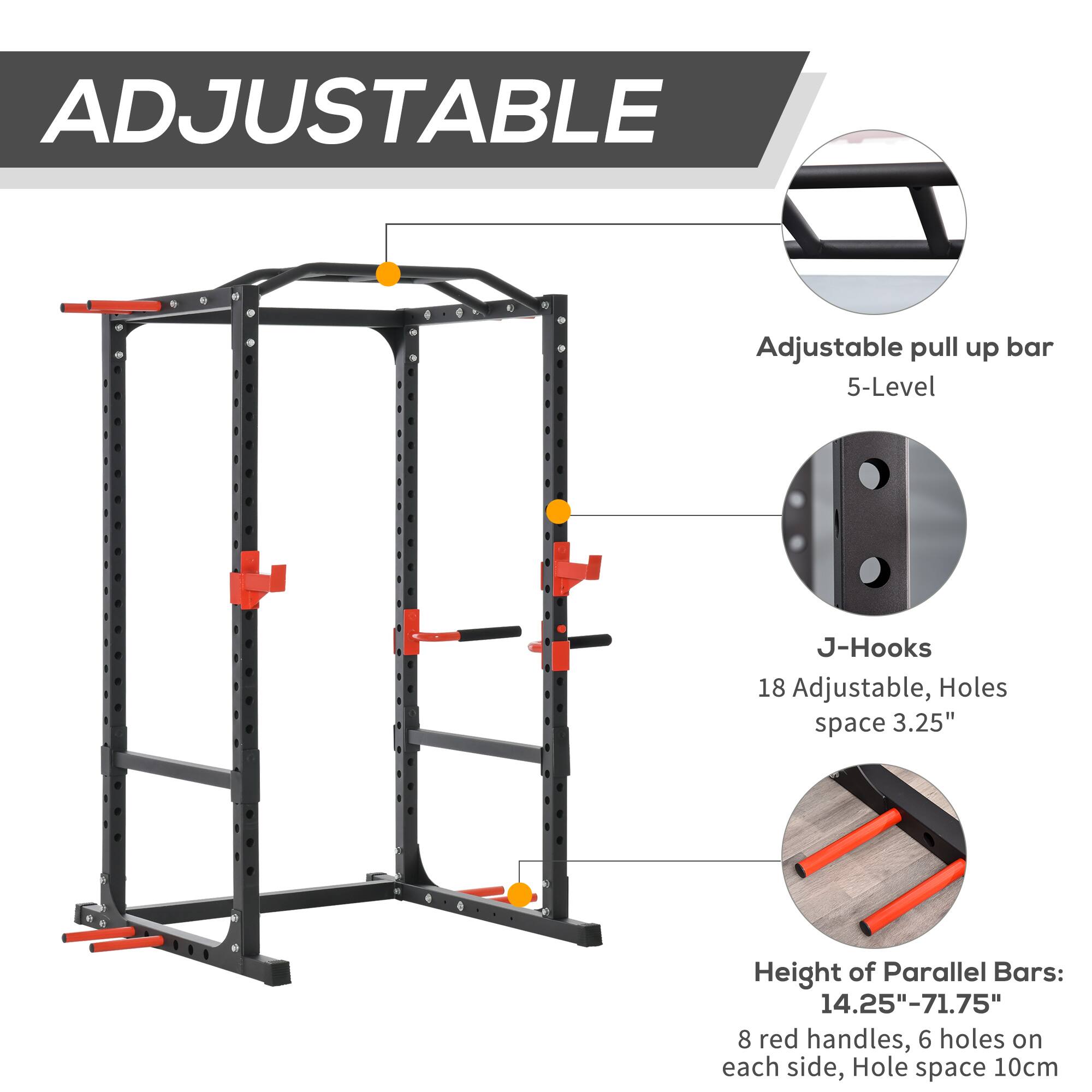 ADJUSTABLE Adjustable pull up bar 5-Level J-Hooks 18 Adjustable, Holes space 3.25" Height of Parallel Bars: 14.25"-71.75" 8 red handles, 6 holes on each side, Hole space 10cm