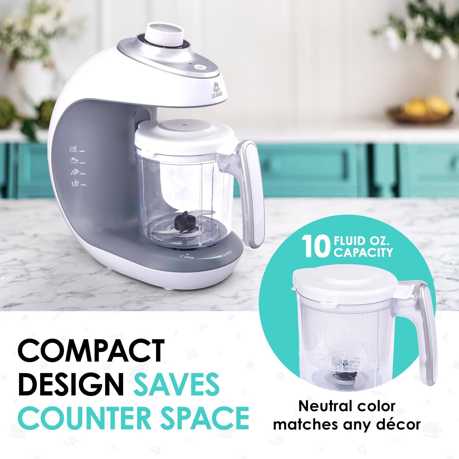 Lure _  B  _ a OPEN TOM FLUID OZ. 10 CAPACITY COMPACT DESIGN SAVES COUNTER SPACE Neutral color matches any dcor