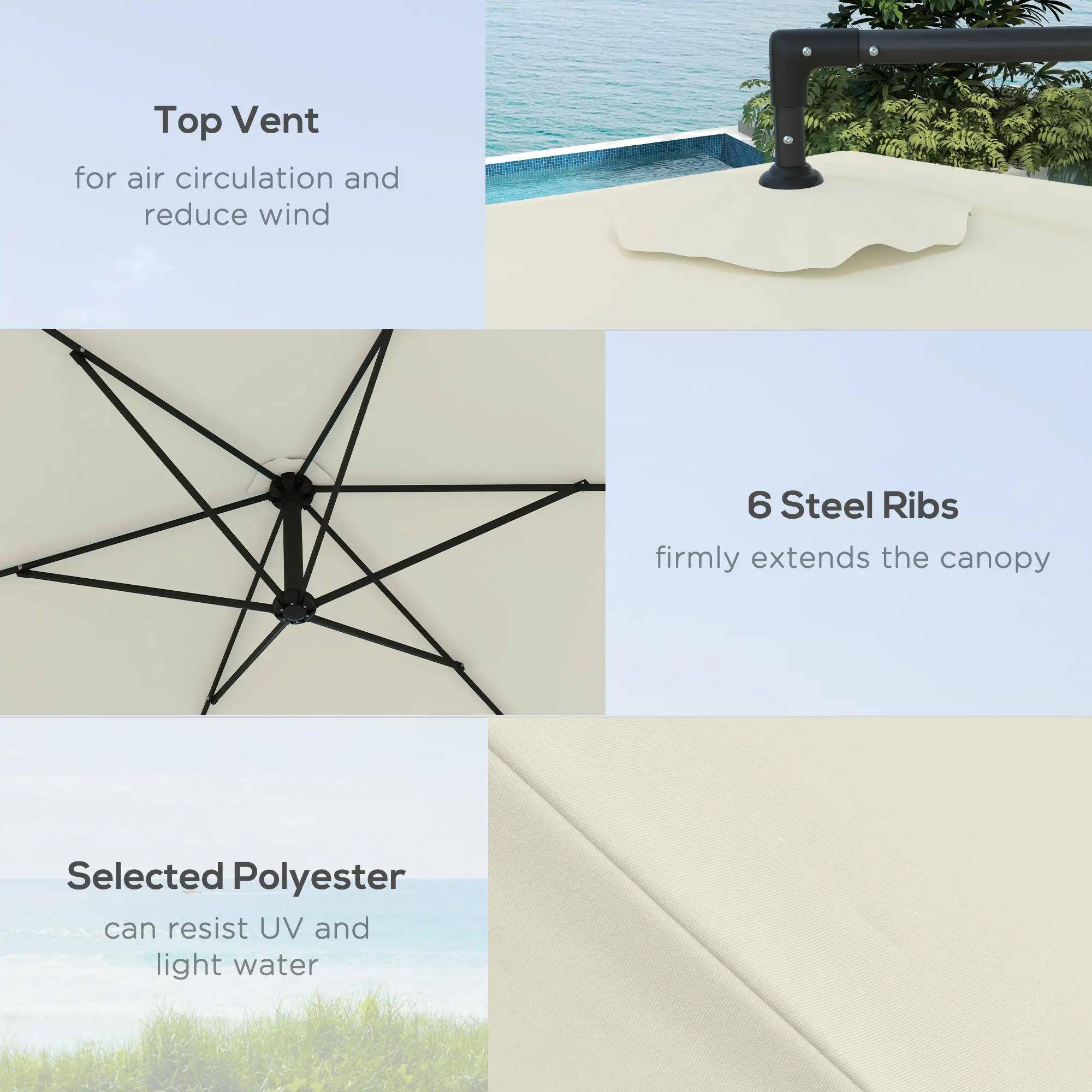 Top Vent  
for air circulation and reduce wind  

6 Steel Ribs  
firmly extends the canopy  

Selected Polyester  
can resist UV and light water
