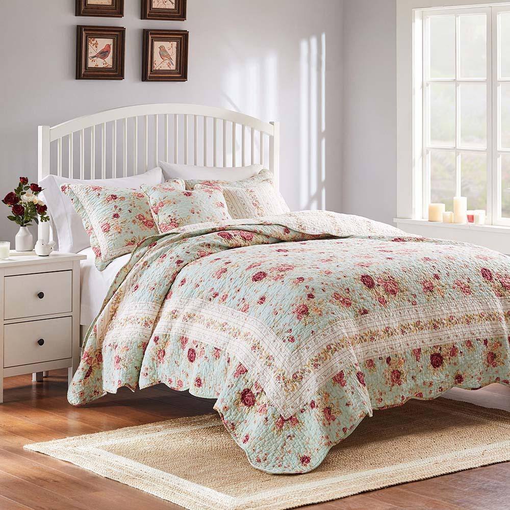 Alt View 1. Greenland Home Fashions - Greenland Home Antique Rose Floral Print Decorative High Quality Quilt Set 5-Piece Full/Queen Blue - Blue.