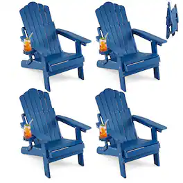 Gymax - 4PCS Folding Adirondack Chair w/ 5-Level Backrest Wooden Textured for Lawn Navy - Blue