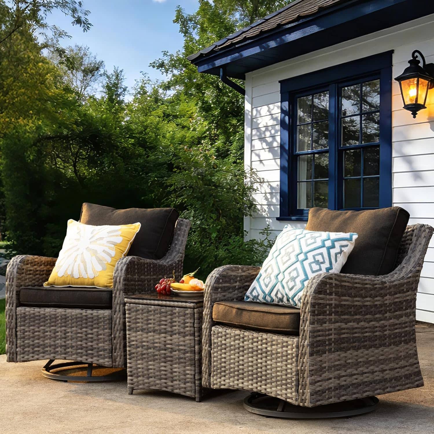 Yardgrace - 3-Piece Outdoor Swivel Rocker Set – Washable Cushions & Tempered Glass Table for Patio, Lawn, Porch, Backyard - Black