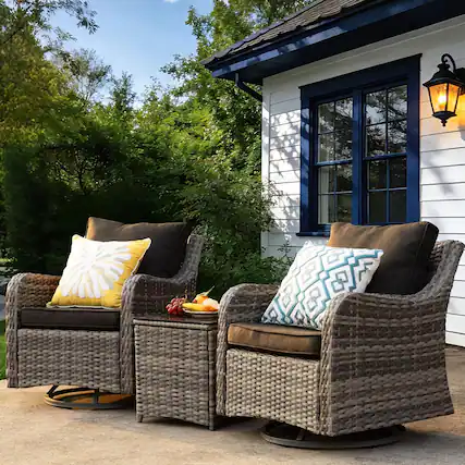 Front. Yardgrace - 3-Piece Outdoor Swivel Rocker Set – Washable Cushions & Tempered Glass Table for Patio, Lawn, Porch, Backyard - Black.