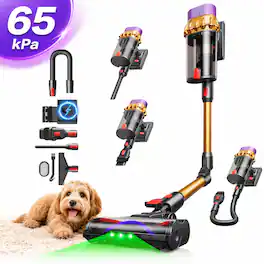 COQOOL - Cordless Vacuum Cleaner for Home, 65KPA 70Mins Stick Vacuum with Foldable Design for Hard Floors Carpet Pet Hair - Gold