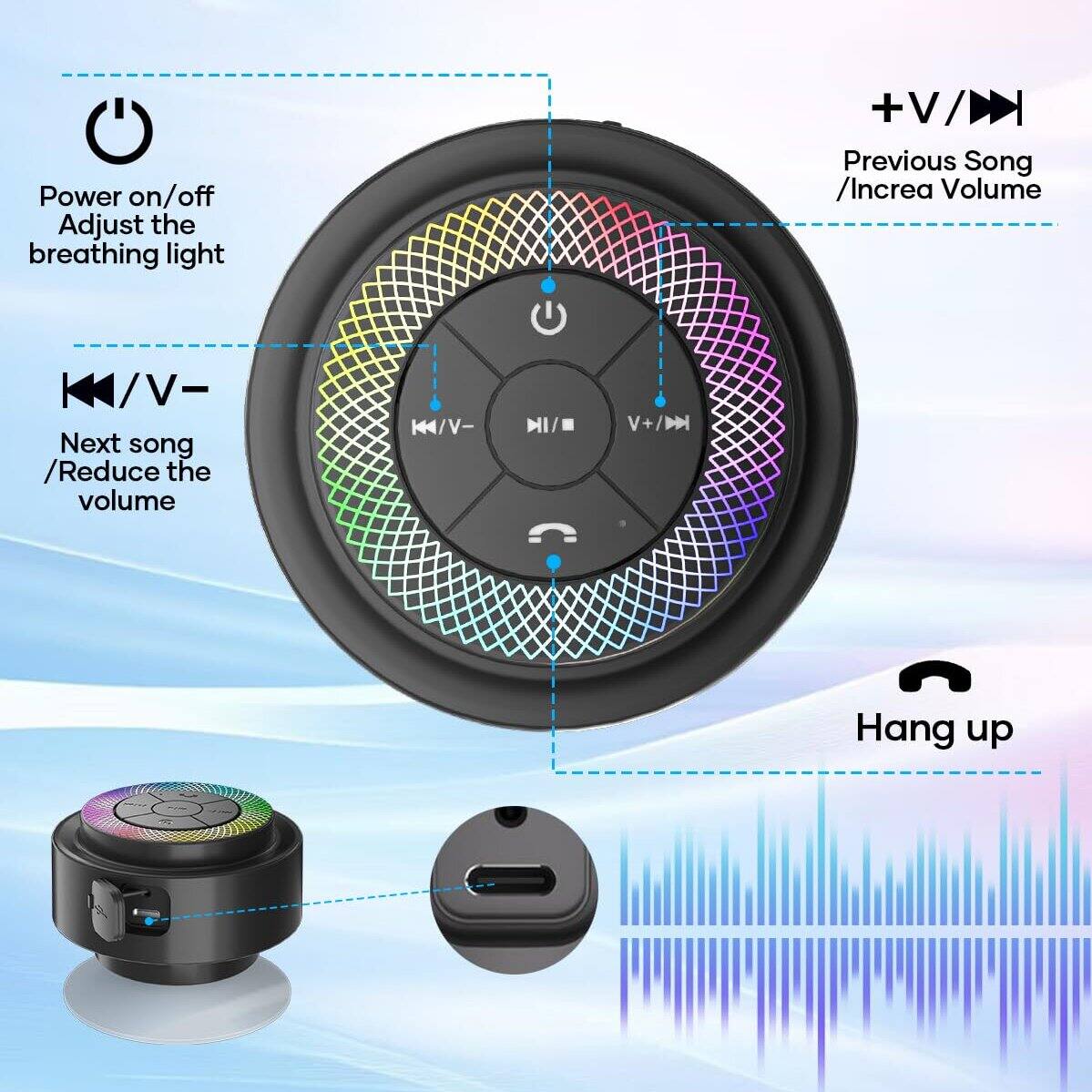Power on/off  
Adjust the breathing light  

+V/▶️  
Previous Song / Increase Volume  

⏸️/V-  
Next song / Reduce the volume  

KH/V- / V+/D  
Hang up