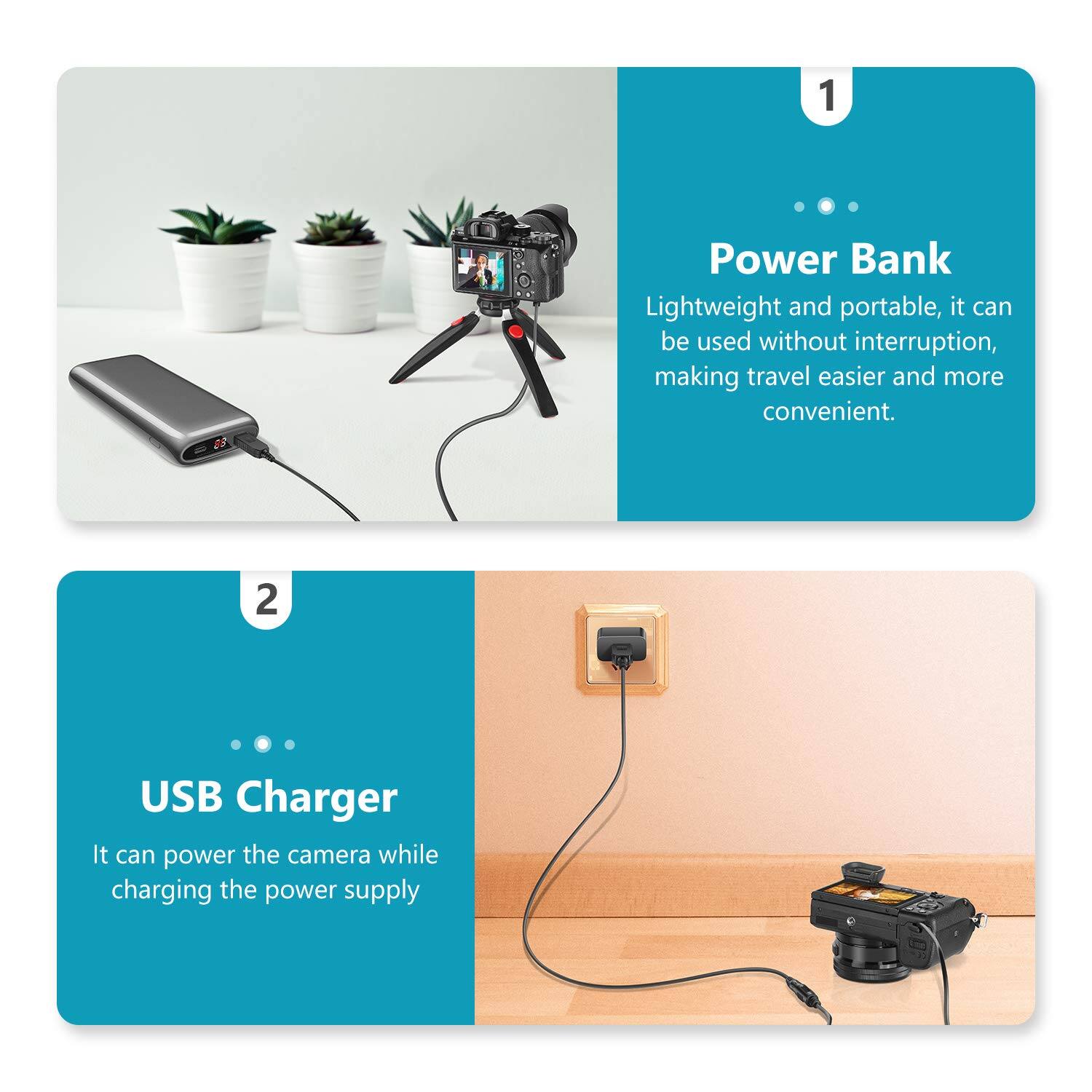 1. Power Bank  
Lightweight and portable, it can be used without interruption, making travel easier and more convenient.

2. USB Charger  
It can power the camera while charging the power supply