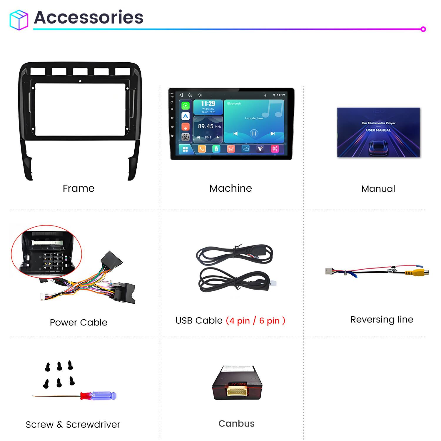 Accessories

- Frame
- Machine
- Manual
- Power Cable
- USB Cable (4 pin / 6 pin)
- Reversing line
- Screw & Screwdriver
- Canbus