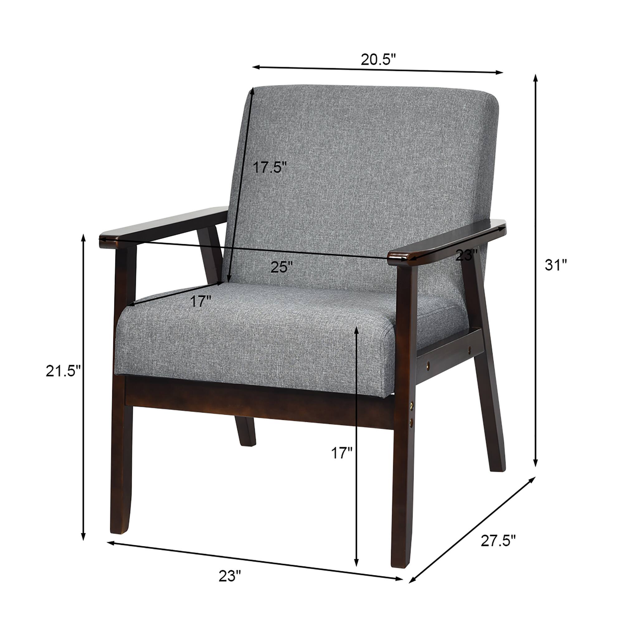 The text on the image reads: 20.5" 17.5" 25" 23" 31" 17" 21.5" 17" 27.5" 23". This indicates the dimensions of the chair, including the height, width, and depth. The chair is 20.5 inches tall, 17.5 inches wide, and 25 inches deep.