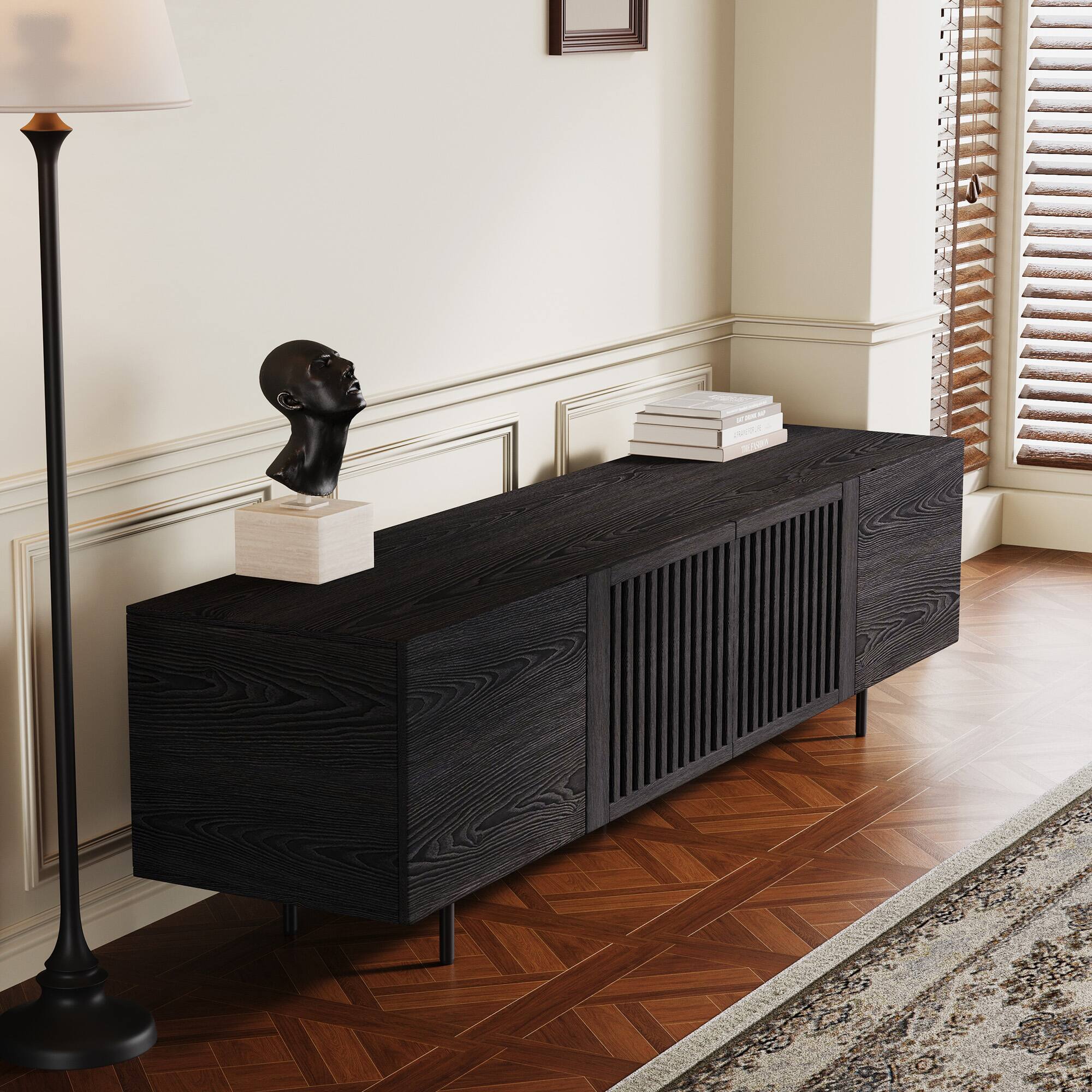 Alt View 2. luck idea - Modern Black TV Stand with Adjustable Shelves, Soft-Close Hinges & Cable Management, Media Console for Living Room - Black.