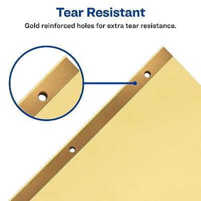 Tear Resistant  
Gold reinforced holes for extra tear resistance.