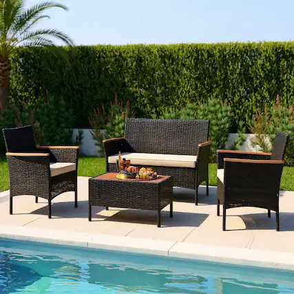 Front. Kadyn - Patio Furniture Sets,Outdoor & Patio Furniture Sets,4 Piece Patio Wicker Sofa Set 2 Rattan Chairs and Loveseat - Brown.