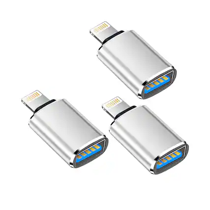 Front. Qixxronics - USB to Lightning Adapter, Female USB to Male Lightning Adapter (3-Pack) - Silver.