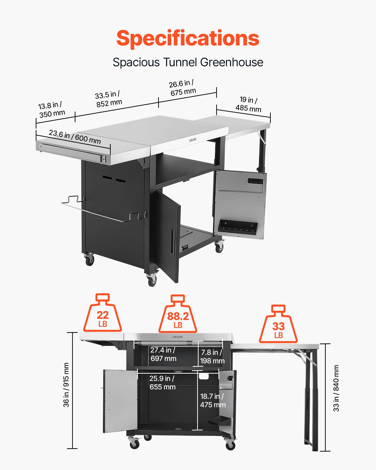 Specifications  
Spacious Tunnel Greenhouse  
13.8 in / 350 mm  
33.5 in / 852 mm  
26.6 in / 675 mm  
19 in / 485 mm  
23.6 in / 600 mm  
22 LB  
88.2 LB  
33 LB  
36 in / 915 mm  
27.4 in / 697 mm  
25.9 in / 655 mm  
7.8 in / 198 mm  
18.7 in / 475 mm  
33 in / 840 mm