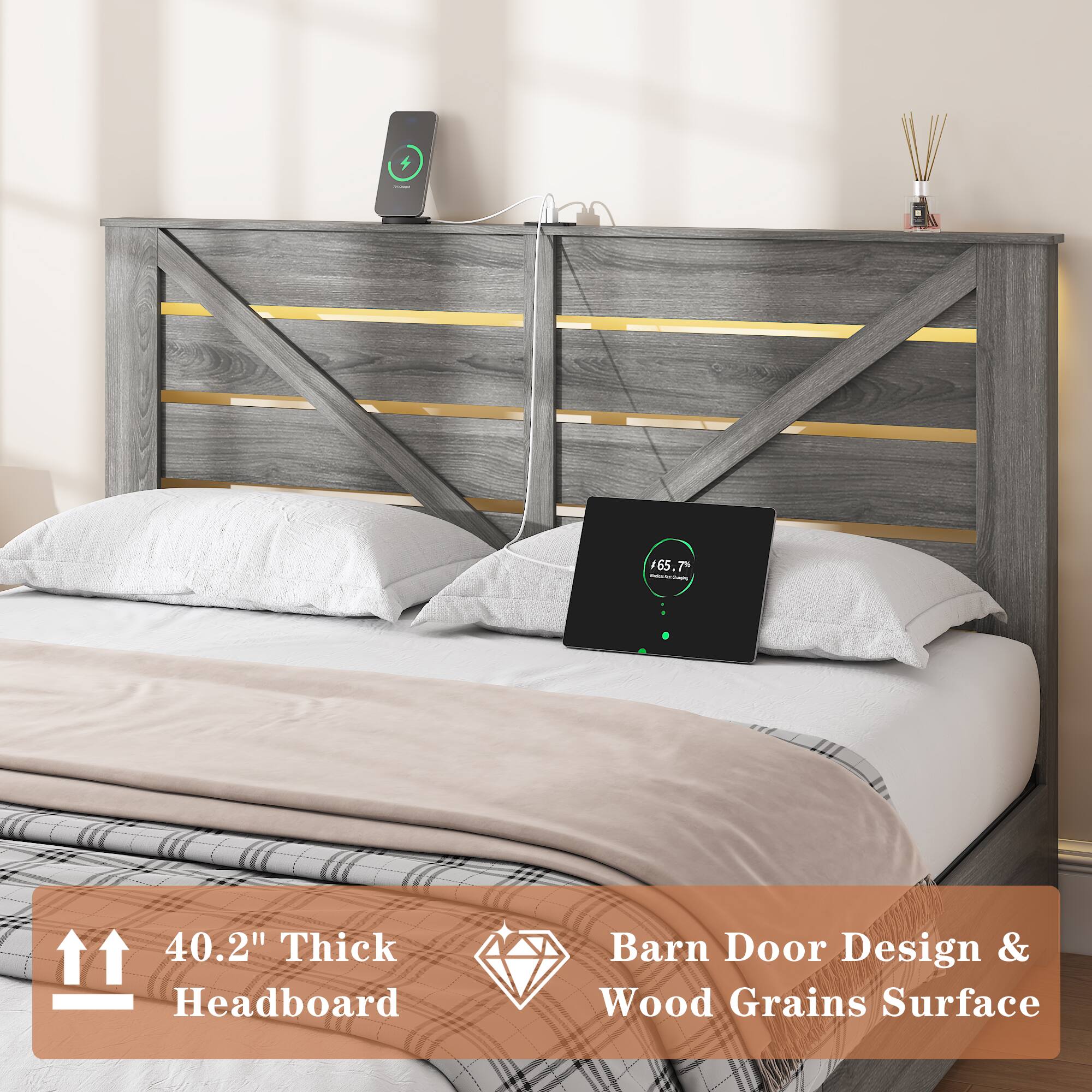 65.7% - 40.2" Thick Headboard Barn Door Design & Wood Grains Surface