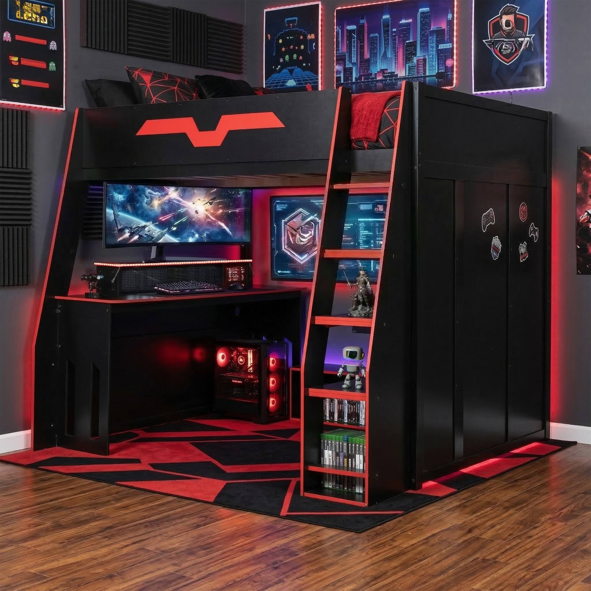 Angle. Anysun - Full Size Wood Loft Bed with Desk, Multi-storage Shelves and RGB Light, Table with adjustable placement - Red.