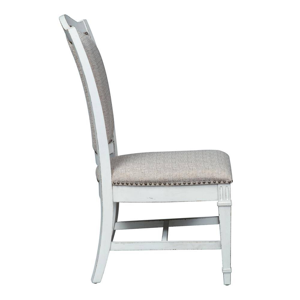 Angle. Liberty Furniture Industries - Abbey Park Upholstered Side Chair (RTA)-Set of 2 in Antique White - White.
