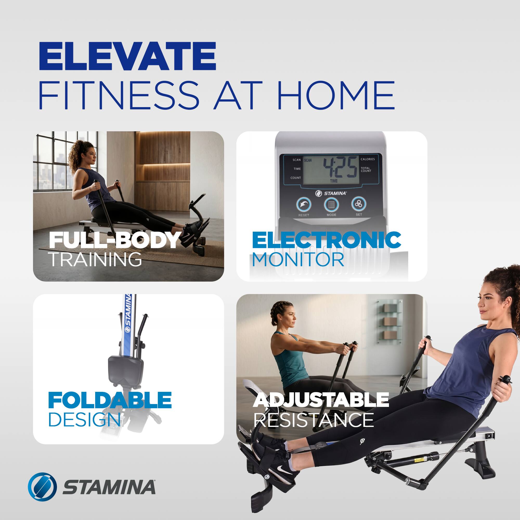 ELEVATE FITNESS AT HOME

- FULL-BODY TRAINING
- ELECTRONIC MONITOR
- FOLDABLE DESIGN
- ADJUSTABLE RESISTANCE

STAMINA