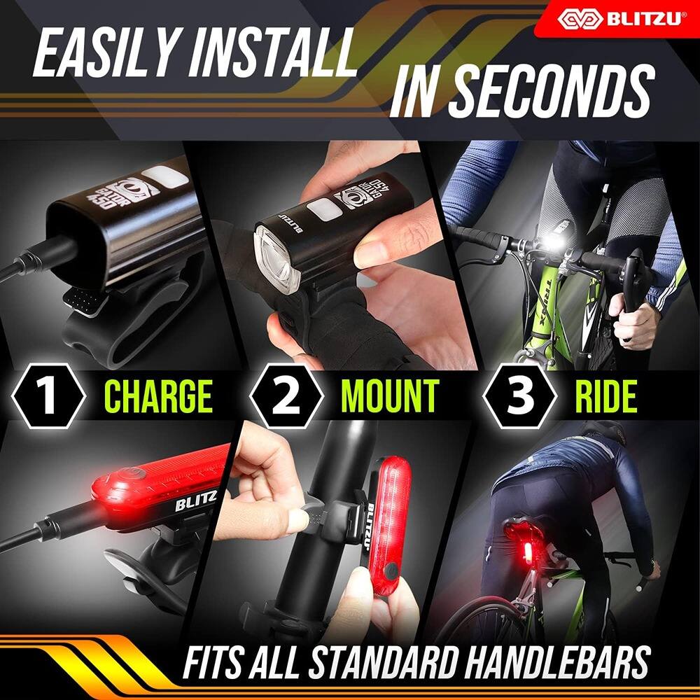 EASILY INSTALL IN SECONDS

1. CHARGE
2. MOUNT
3. RIDE

BLITZU FITS ALL STANDARD HANDLEBARS