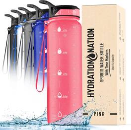 Zulay Kitchen - 32oz Water Bottle With Time Marker - Leak Proof Water Bottles With Times To Drink By Hydration Nation - Pink