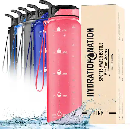 HYDRATION NATION
SPORTS WATER BOTTLE
With Time Markers
32oz (1L) Capacity
PINK
8AM 1
9AM 2
10AM 3
11AM 4
12PM REFILL 5
1PM 6
2PM 7
3PM 8
4PM 9
5PM 10
6PM 11
7PM 12
8PM 13
9PM 14
10PM 15
11PM 16
12AM 17
1AM 18
2AM 19
3AM 20
4AM 21
5AM 22
6AM 23
7AM 24
8AM 25
9AM 26
10AM 27
11AM 28
12PM 29
1PM 30
2PM 31
3PM 32
4PM 33
5PM 34
6PM 35
7PM 36
8PM 37
9PM