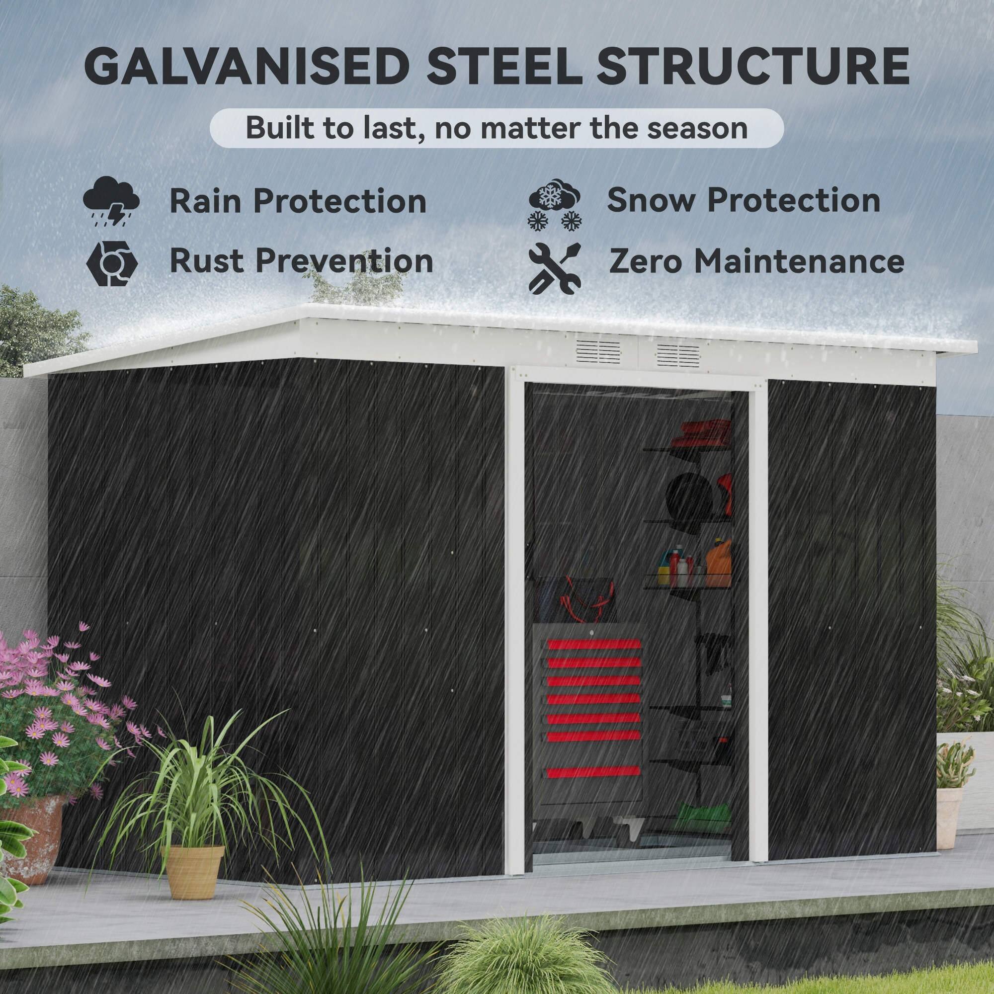 Galvanised Steel Structure: Built to last, no matter the season. It offers Rain Protection, Snow Protection, Rust Prevention, and Zero Maintenance.
