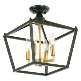 Jonathan Y - Plains 12" 4-Light Modern Farmhouse Metal Open-Frame Pagoda LED Semi Flush Mount Mini Lantern - Dark Green/Brass Gold