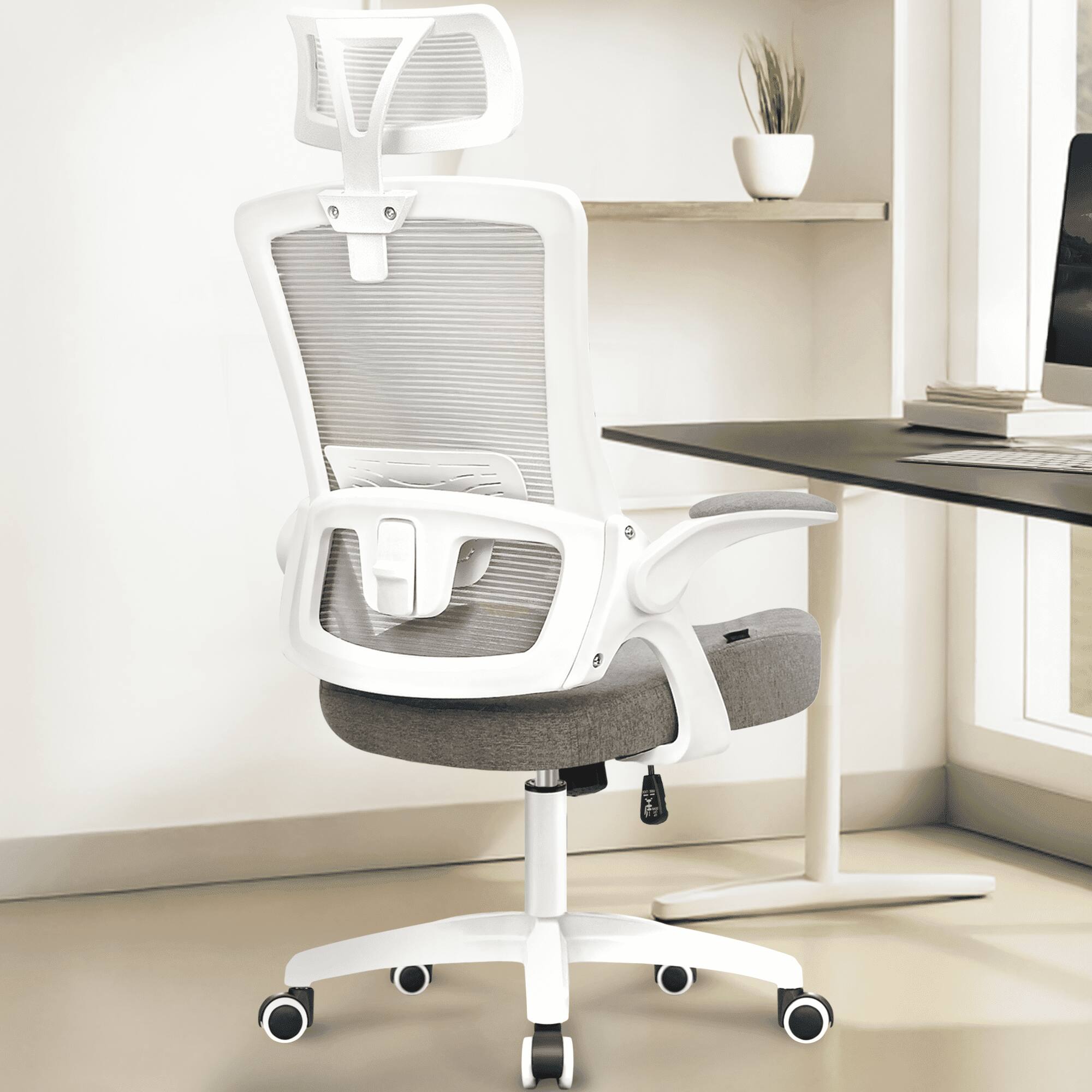 Alt View 4. Neo Chair - Office Desk Chair Computer High Back Support Mesh Comfy Adjustable Ergonomic Headrest Lumbar Rolling Flip-up Armrests - Plastic Base-Gray.