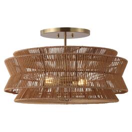 Jonathan Y - Maya 23.75" 2-Light Bohemian 2-Tier Metal Hand-Woven Paper Rope Tapered Drum LED Semi Flush Mount - Brown/Brass Gold
