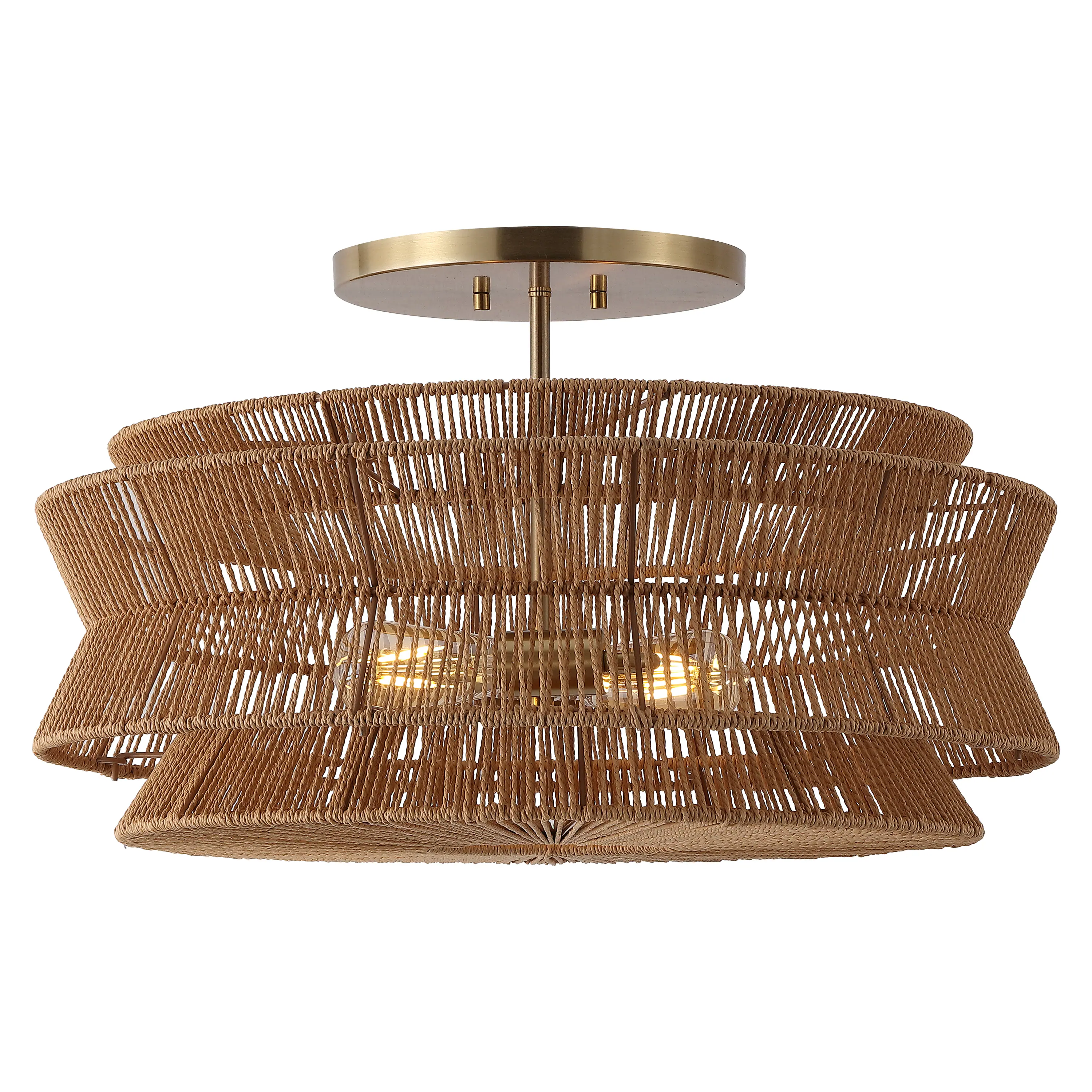 Front. Jonathan Y - Maya 23.75" 2-Light Bohemian 2-Tier Metal Hand-Woven Paper Rope Tapered Drum LED Semi Flush Mount, Brown/Brass Gold - Brown/Brass Gold.