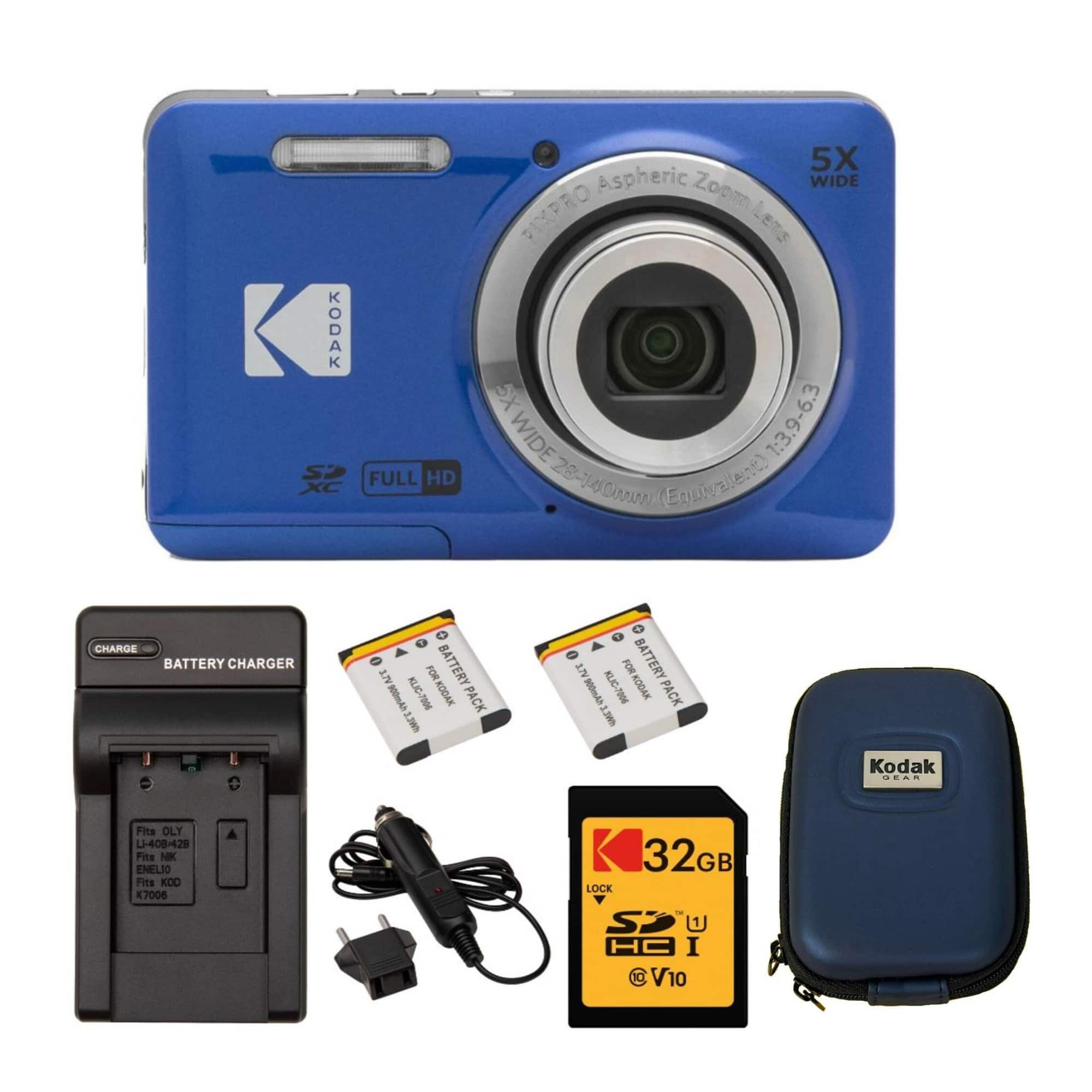 The image features a blue Kodak SP FULL HD XC 5X camera with a charger, battery pack, and memory card. The camera is equipped with an aspheric zoom lens and a wide-angle lens, making it suitable for capturing high-quality images and videos. The memory card is compatible with the camera and can store up to 32GB of data. The charger and battery pack are essential for keeping the camera powered and ready for use. The camera is also equipped with a strap for added security and convenience.