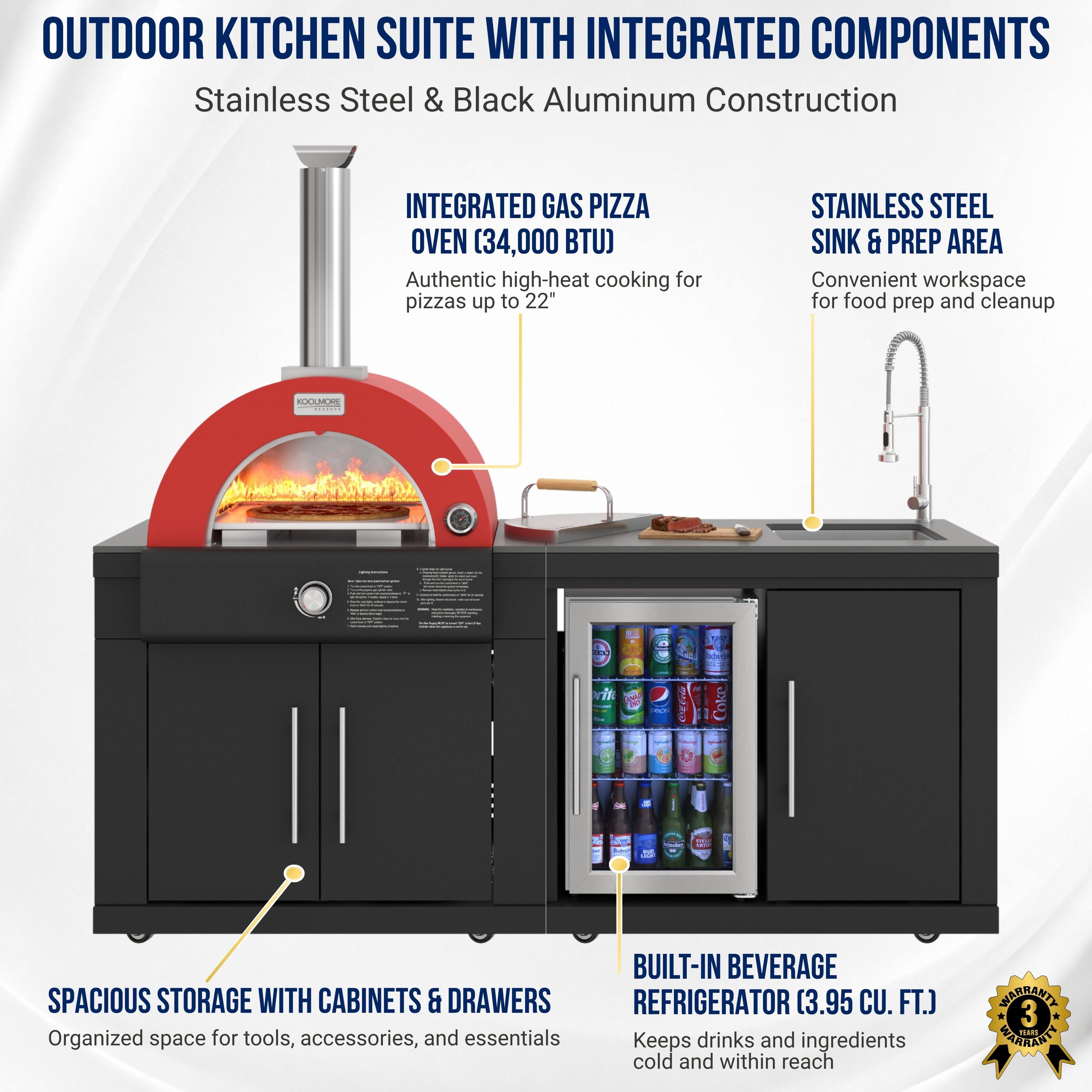 OUTDOOR KITCHEN SUITE WITH INTEGRATED COMPONENTS  
Stainless Steel & Black Aluminum Construction

INTEGRATED GAS PIZZA OVEN (34,000 BTU)  
Authentic high-heat cooking for pizzas up to 22"

STAINLESS STEEL SINK & PREP AREA  
Convenient workspace for food prep and cleanup

BUILT-IN BEVERAGE REFRIGERATOR (3.95 CU. FT.)  
Organized space for tools, accessories, and essentials  
Keeps drinks and ingredients cold and within reach

WARRANTY 3 YEARS