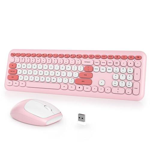 Cedar Assembly - Typewriter Wireless And Mouse Combo Office Full Size Retro Punk Cute Green Silent With Round Keycaps For - Pink white