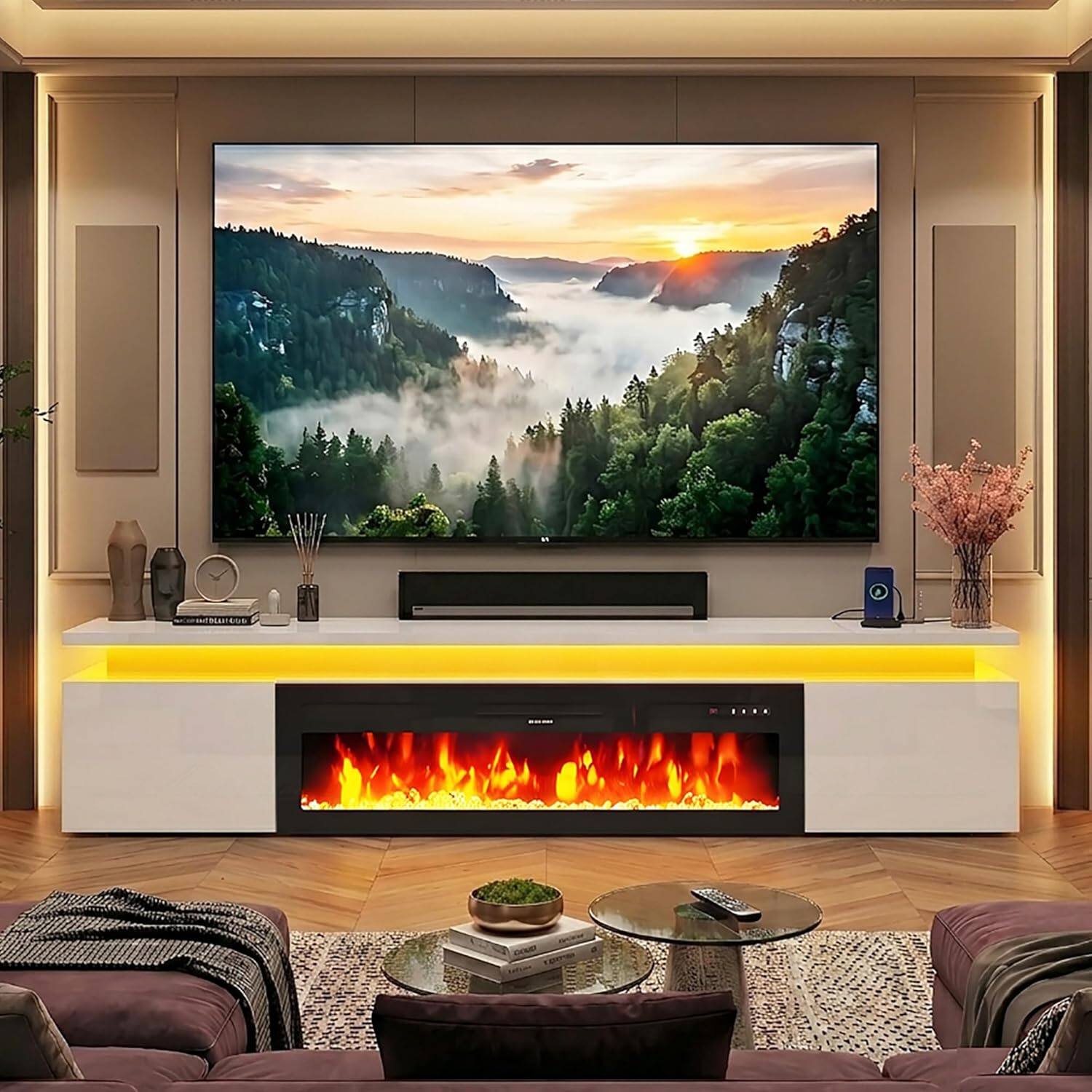 Left. Espafurni - 90inch Modern Fireplace TV Stand with Power Outlet Storage for up to 100" TVs - White.